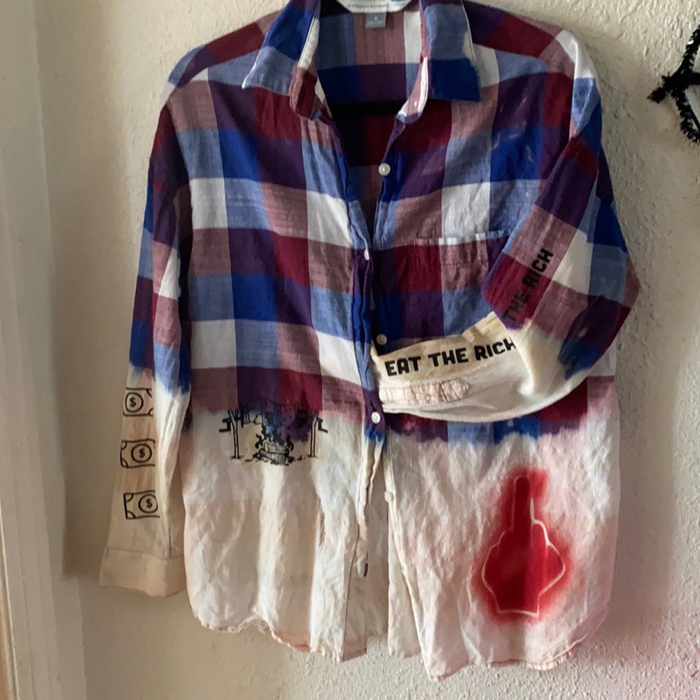 Upcycled full bleach anti-capitalism ‘eat the richi’ Flannel